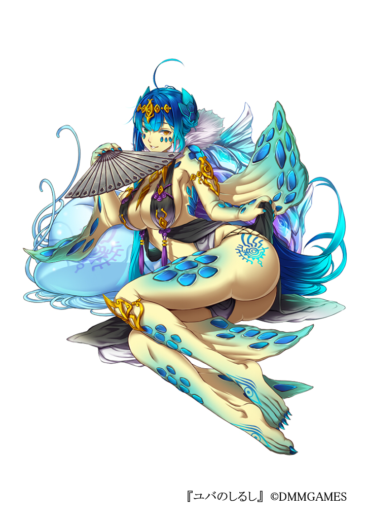 1girl ahoge armlet ass barefoot blue_hair breasts brown_eyes brown_hair claws cleavage dmm fan folding_fan full_body hair_ornament heterochromia jellyfish large_breasts long_hair looking_at_viewer lying mataichi_mataro official_art on_side shell simple_background skirt skirt_lift tattoo thighlet very_long_hair white_background yuba_no_shirushi