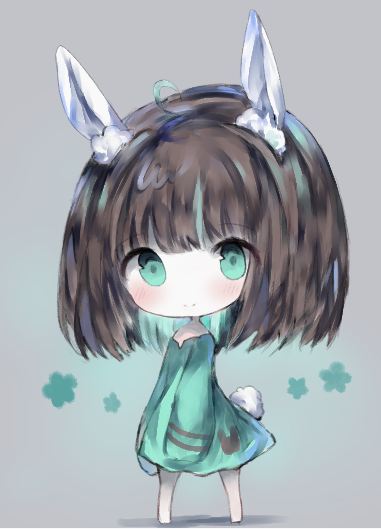 1girl ahoge animal_ears bangs bare_shoulders barefoot blush brown_hair bunny_girl bunny_tail closed_mouth commentary_request copyright_request cottontailtokki dress eyebrows_visible_through_hair full_body green_dress green_eyes green_hair grey_background hair_between_eyes long_hair long_sleeves multicolored_hair rabbit_ears sleeves_past_fingers sleeves_past_wrists smile solo standing tail two-tone_hair