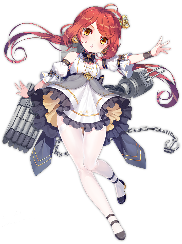1girl :o anchor antenna_hair arm_up azur_lane black_bow black_footwear bow breasts cannon chains cleavage crown detached_sleeves dress eyelashes floating_hair full_body hair_ornament jersey_(azur_lane) knees_together_feet_apart leg_up ling_(sroin) long_hair looking_at_viewer low_twintails machinery mini_crown official_art open_mouth redhead shoes sleeveless small_breasts solo tachi-e teeth thigh-highs torpedo_tubes transparent_background turret twintails white_legwear yellow_eyes zettai_ryouiki