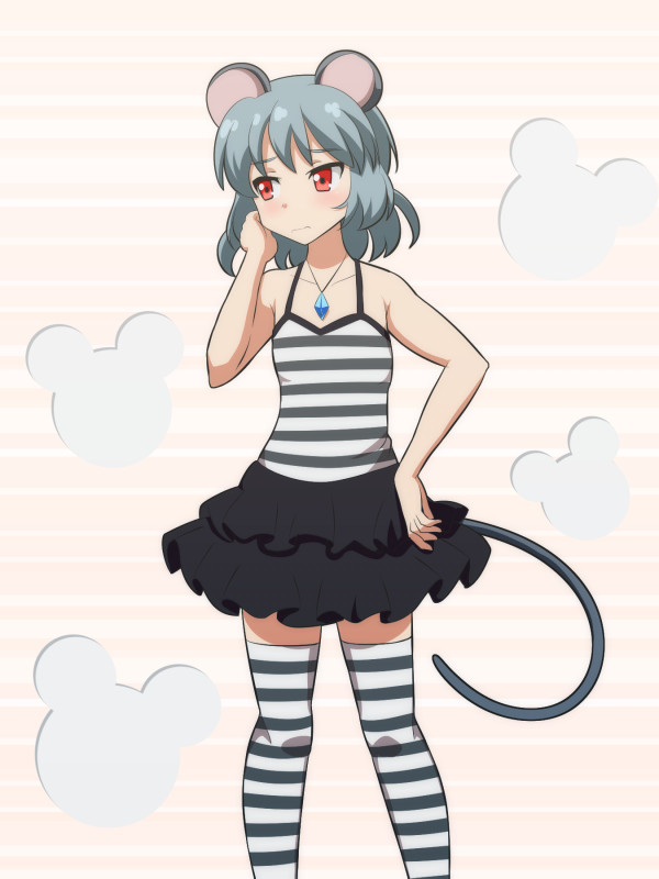 1girl alternate_costume animal_ears bare_arms bare_shoulders black_skirt camisole cato_(monocatienus) commentary_request eyebrows_visible_through_hair grey_hair jewelry looking_away mouse_ears mouse_tail nazrin pendant red_eyes short_hair simple_background skirt striped striped_camisole striped_legwear tail thigh-highs touhou wavy_mouth zettai_ryouiki