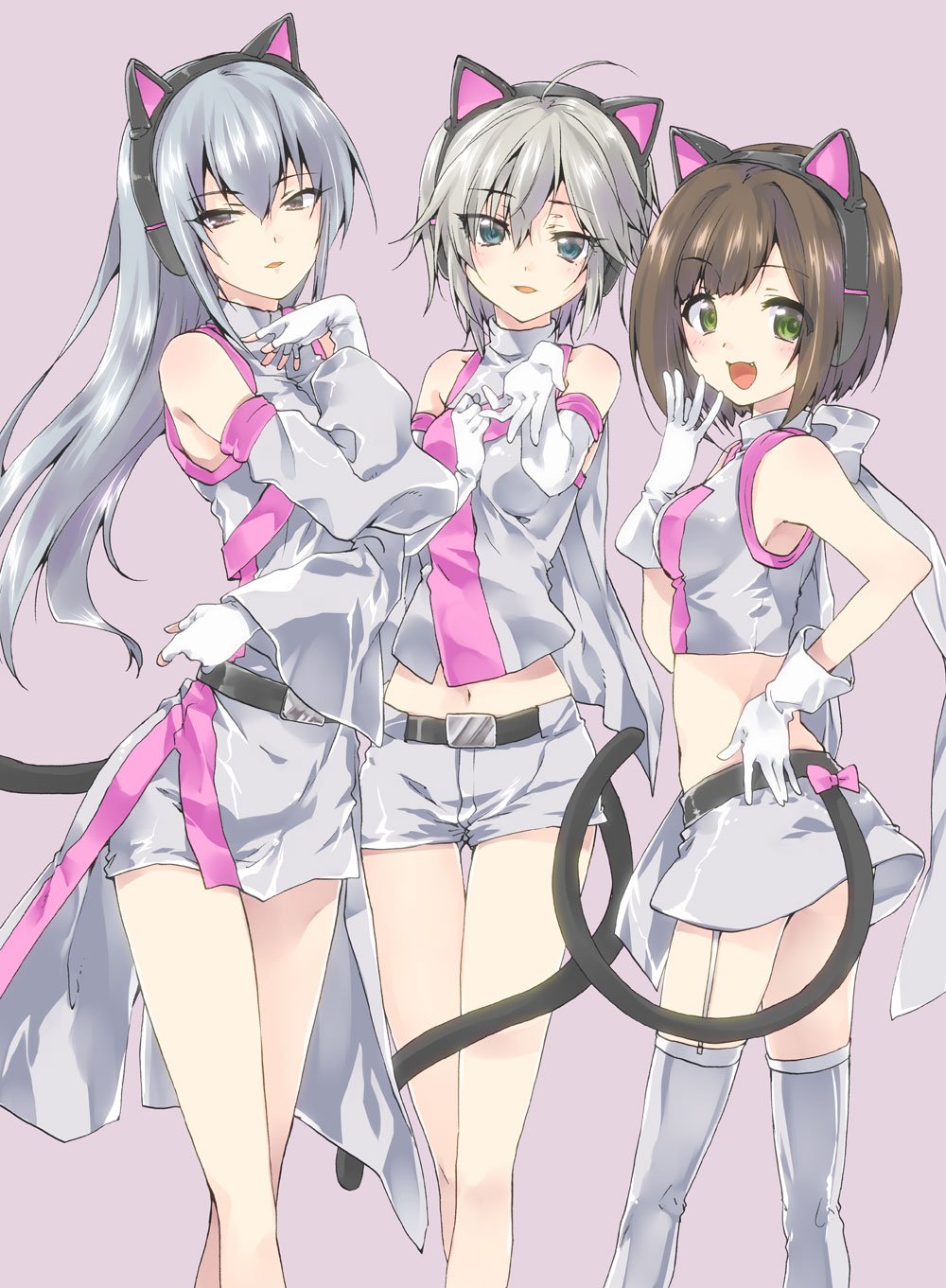 3girls :3 ahoge anastasia_(idolmaster) animal_ears bangs belt black_belt blue_eyes brown_hair cat_ear_headphones cat_ears cat_tail closed_mouth commentary_request detached_sleeves dress elbow_gloves eyebrows_visible_through_hair fake_tail fingerless_gloves from_side garter_straps gloves green_eyes grey_background grey_dress grey_eyes grey_hair grey_legwear grey_shirt grey_skirt half-closed_eyes hand_to_own_mouth headphones highres idolmaster idolmaster_cinderella_girls kuroi_mimei legs_up light_frown long_hair looking_at_viewer maekawa_miku midriff miniskirt multiple_girls open_mouth parted_lips pleated_skirt pose shirt short_hair short_shorts shorts silver_hair simple_background skirt sleeveless sleeveless_dress sleeveless_shirt smile standing swept_bangs tail takamine_noa thigh-highs thigh_gap white_gloves