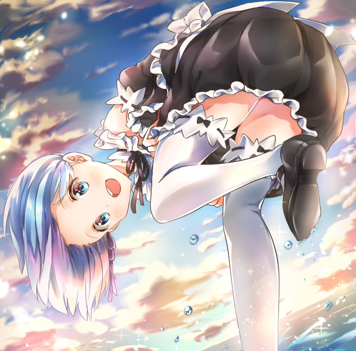 1girl :d apron backlighting bare_shoulders bent_over black_dress black_footwear black_neckwear blue_eyes blue_hair blue_sky blush clouds cloudy_sky collar day detached_collar detached_sleeves dress frilled_collar frilled_dress frills hair_ribbon juliet_sleeves leg_up long_sleeves looking_at_viewer maid maid_apron mary_janes melings_(aot2846) neck_ribbon open_mouth outdoors puffy_sleeves purple_ribbon re:zero_kara_hajimeru_isekai_seikatsu rem_(re:zero) ribbon shoes short_hair sky smile solo standing standing_on_one_leg tareme thigh-highs water water_drop white_apron white_legwear wide_sleeves