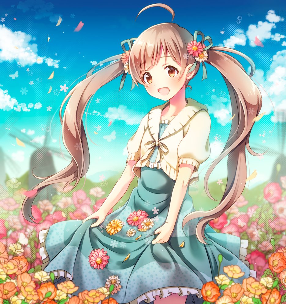 1girl :d ahoge aqua_dress aqua_ribbon blue_sky brown_eyes brown_hair clouds collarbone daisy day dress eyebrows_visible_through_hair field floating_hair flower flower_field frilled_dress frills hair_flower hair_ornament hair_ribbon hakozaki_serika idolmaster idolmaster_million_live! long_hair open_mouth outdoors pink_flower ribbon serino_itsuki short_sleeves skirt_hold sky smile solo standing sundress twintails very_long_hair white_flower yellow_cardigan yellow_flower