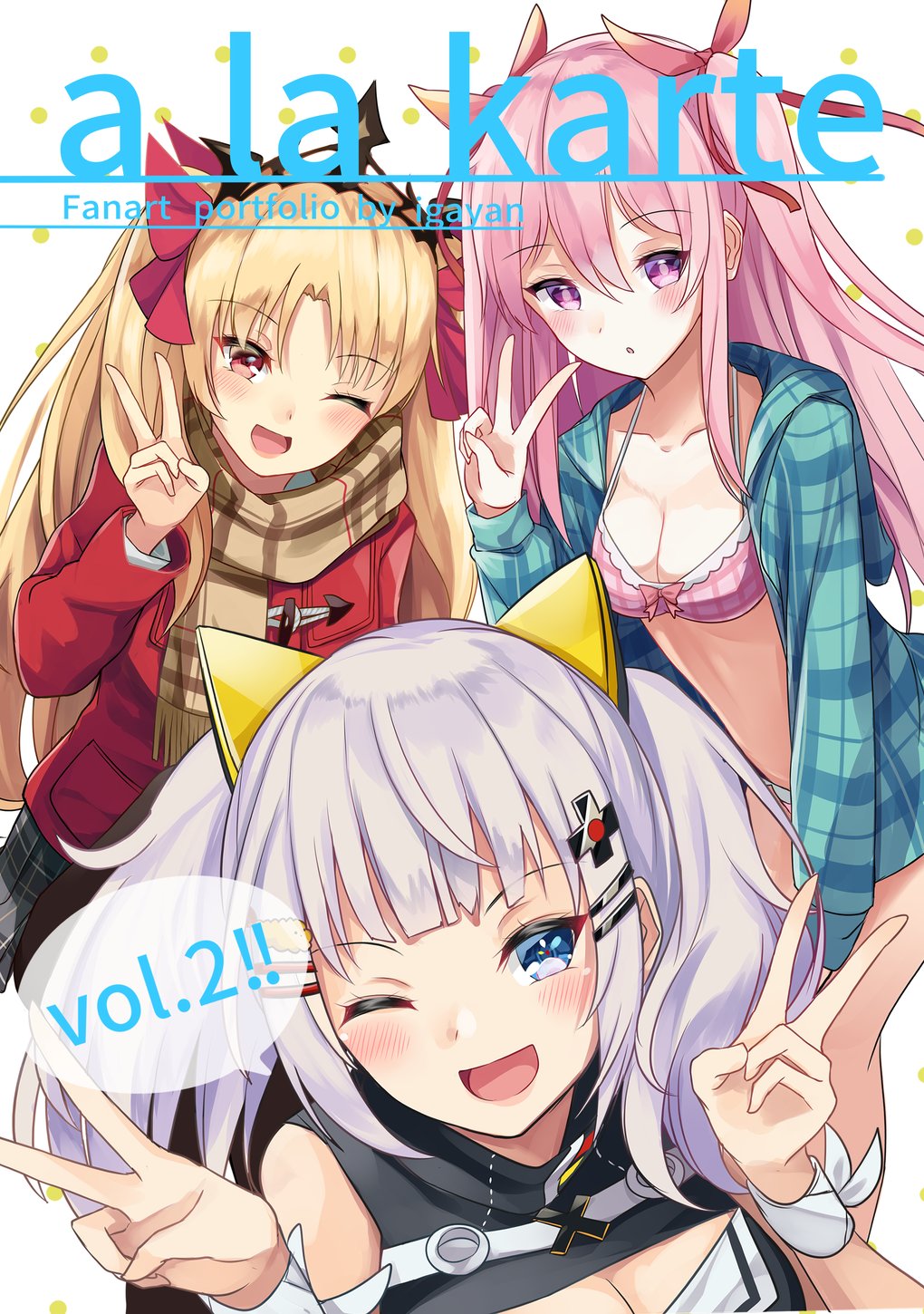 3girls ;d alternate_hairstyle animal_ears bangs bare_legs bare_shoulders bikini black_skirt blonde_hair blue_eyes blue_jacket breasts brown_scarf cat_ears cleavage collarbone commentary_request cover crossover double_v ereshkigal_(fate/grand_order) eyebrows_visible_through_hair fake_animal_ears fate/grand_order fate_(series) feet_out_of_frame hair_between_eyes hair_ornament hair_ribbon hairclip halterneck hand_up hands_up hata_no_kokoro highres igakusei jacket kaguya_luna kaguya_luna_(character) large_breasts long_hair long_sleeves looking_at_viewer medium_breasts miniskirt multiple_girls one_eye_closed open_clothes open_jacket open_mouth parted_lips pink_bikini pink_eyes pink_hair pink_ribbon plaid plaid_bikini plaid_jacket plaid_scarf plaid_skirt pleated_skirt polka_dot polka_dot_background red_eyes red_jacket red_ribbon ribbon scarf short_hair silver_hair skirt smile standing stomach swimsuit tiara touhou two_side_up upper_body v white_background white_ribbon wrist_ribbon