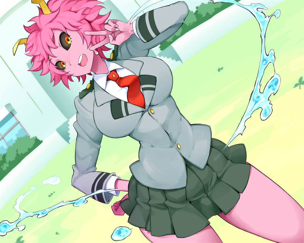 1girl ashido_mina black_sclera boku_no_hero_academia horns nac000 open_mouth pink_hair pink_skin red_neckwear school_uniform skirt solo yellow_eyes