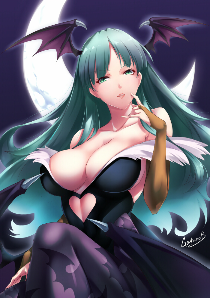 1girl arm_up bare_shoulders bat_wings black_leotard breasts bridal_gauntlets cleavage collarbone commentary_request commission crescent_moon demon_girl eyebrows_visible_through_hair fingernails gainoob green_eyes green_hair head_wings heart_cutout large_breasts leotard long_hair moon morrigan_aensland night pantyhose print_legwear purple_legwear purple_wings sharp_fingernails signature solo succubus vampire_(game) wings