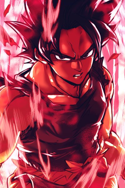 1boy arms_at_sides aura black dragon_ball dragonball_z expressionless floating_hair kaio_ken looking_away male_focus monochrome red serious short_hair son_gokuu spiky_hair spot_color st62svnexilf2p9 torn_clothes upper_body