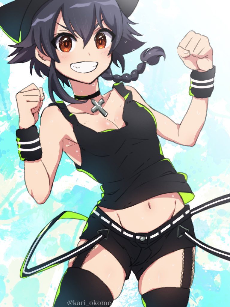 1girl bangs belt black_choker black_hair black_hat black_shirt black_shorts black_wristband braid breasts brown_eyes choker cleavage clenched_hands commentary cowboy_shot cross_choker garter_straps girls_und_panzer green_background grin hat kari_okome looking_at_viewer medium_breasts midriff navel pepperoni_(girls_und_panzer) revision shirt short_hair short_shorts shorts side_braid skindentation smile solo standing sweat tank_top thigh-highs v-shaped_eyebrows w_arms white_belt wristband