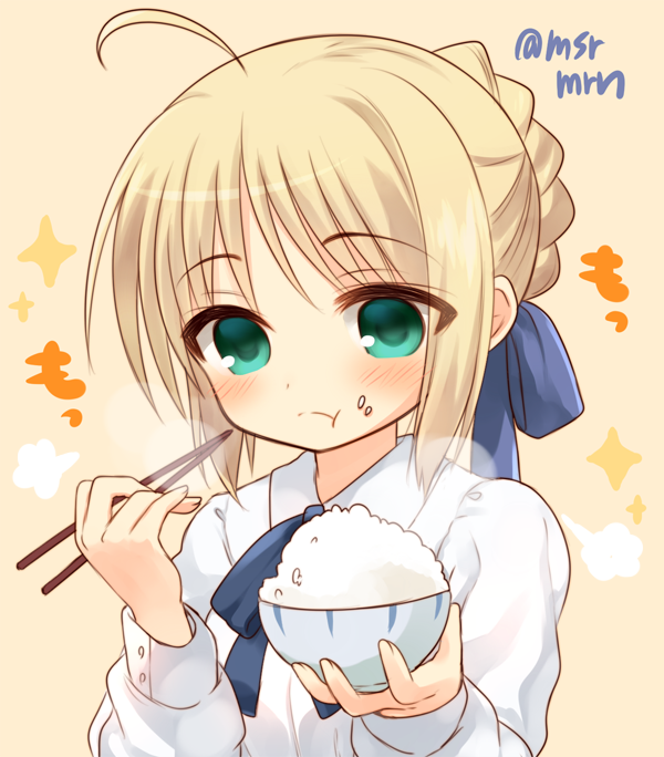 1girl :t ahoge artoria_pendragon_(all) blonde_hair blue_bow blush bow bowl braid brown_background chopsticks clostridium_tetani collared_shirt eating fate/stay_night fate_(series) fingernails food food_on_face green_eyes hair_bow holding holding_bowl holding_chopsticks long_hair long_sleeves marshmallow_mille rice rice_bowl rice_on_face saber shirt sidelocks solo twitter_username white_shirt