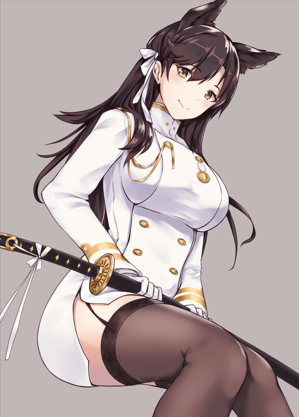1girl animal_ears atago_(azur_lane) azur_lane bangs black_hair black_legwear blush breasts brown_eyes closed_mouth commentary_request double-breasted enchuu garter_straps gloves grey_background hair_between_eyes hair_ribbon highres holding holding_sword holding_weapon katana large_breasts long_hair long_sleeves looking_at_viewer military military_uniform miniskirt mole mole_under_eye pencil_skirt ribbon sheath sheathed shirt side_slit simple_background sitting skirt smile solo sword thigh-highs turtleneck uniform weapon white_gloves white_ribbon white_shirt white_skirt