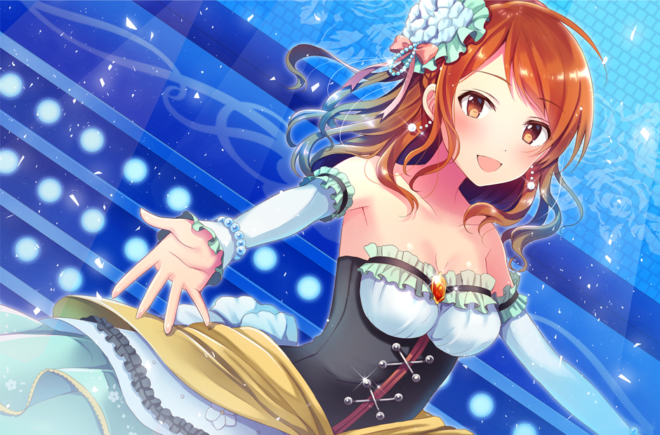 1girl :d bangs blush bow breasts brown_eyes brown_hair cleavage collarbone corset detached_sleeves earrings floating_hair hair_bow hair_ornament houjou_karen idolmaster idolmaster_cinderella_girls jewelry long_hair long_sleeves looking_at_viewer medium_breasts open_mouth pink_bow serino_itsuki smile solo stage standing strapless swept_bangs white_sleeves