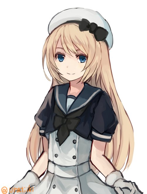 1girl bangs black_neckwear black_ribbon blonde_hair blue_eyes blue_sailor_collar buttons closed_mouth commentary dress gloves hair_between_eyes hat holding jervis_(kantai_collection) kantai_collection long_hair looking_at_viewer natsuyuki neckerchief ribbon sailor_collar sailor_dress sailor_hat short_sleeves simple_background skirt_hold smile solo twitter_username white_background white_dress white_gloves white_hat