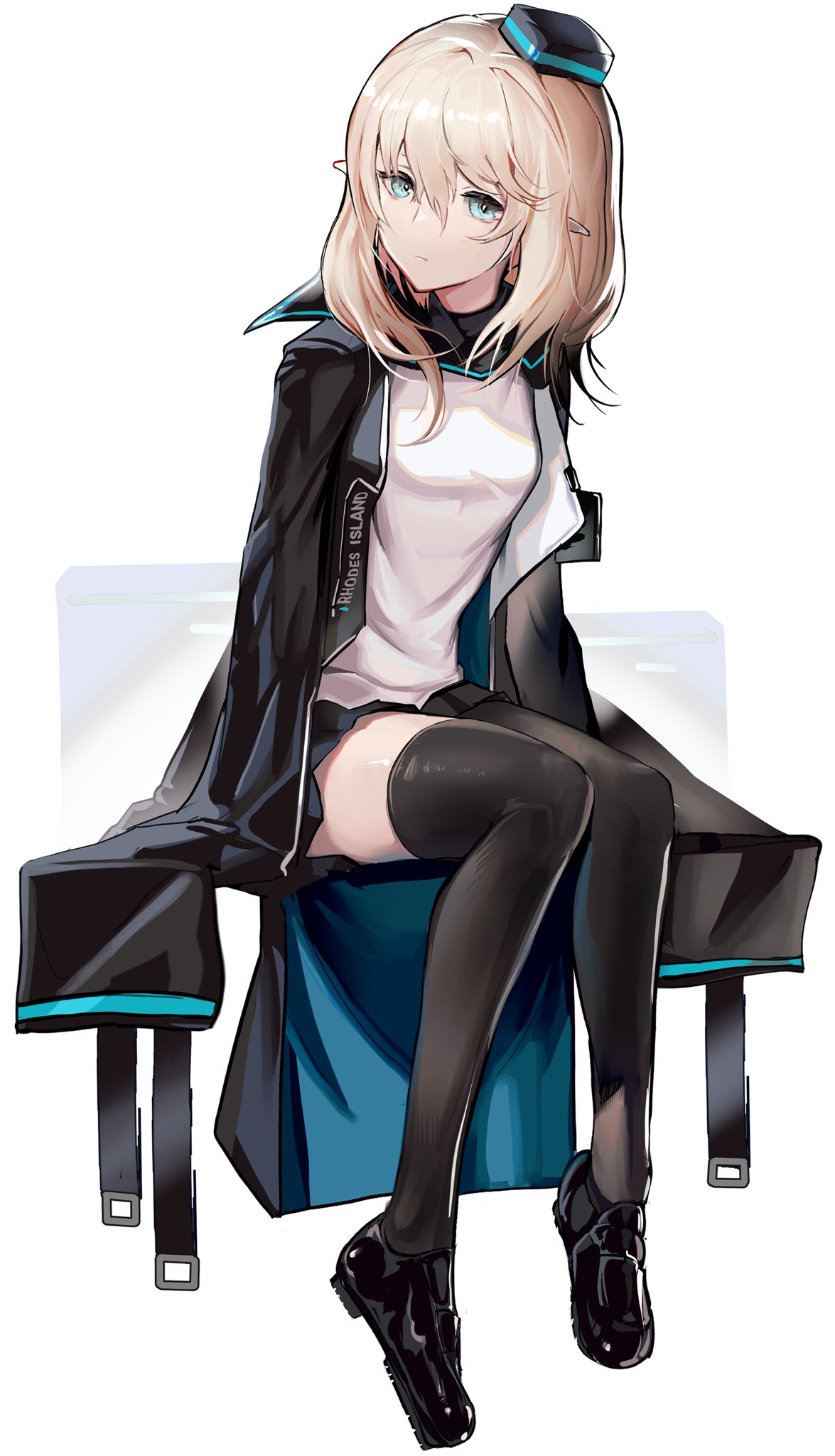 1girl arknights bangs black_coat black_footwear black_skirt black_thighhighs blonde_hair blue_eyes closed_mouth coat durin_(arknights) full_body highres hiyaori_(hiyahiyaval) invisible_chair long_hair long_sleeves pointy_ears shirt simple_background sitting skirt solo thigh-highs white_background white_shirt