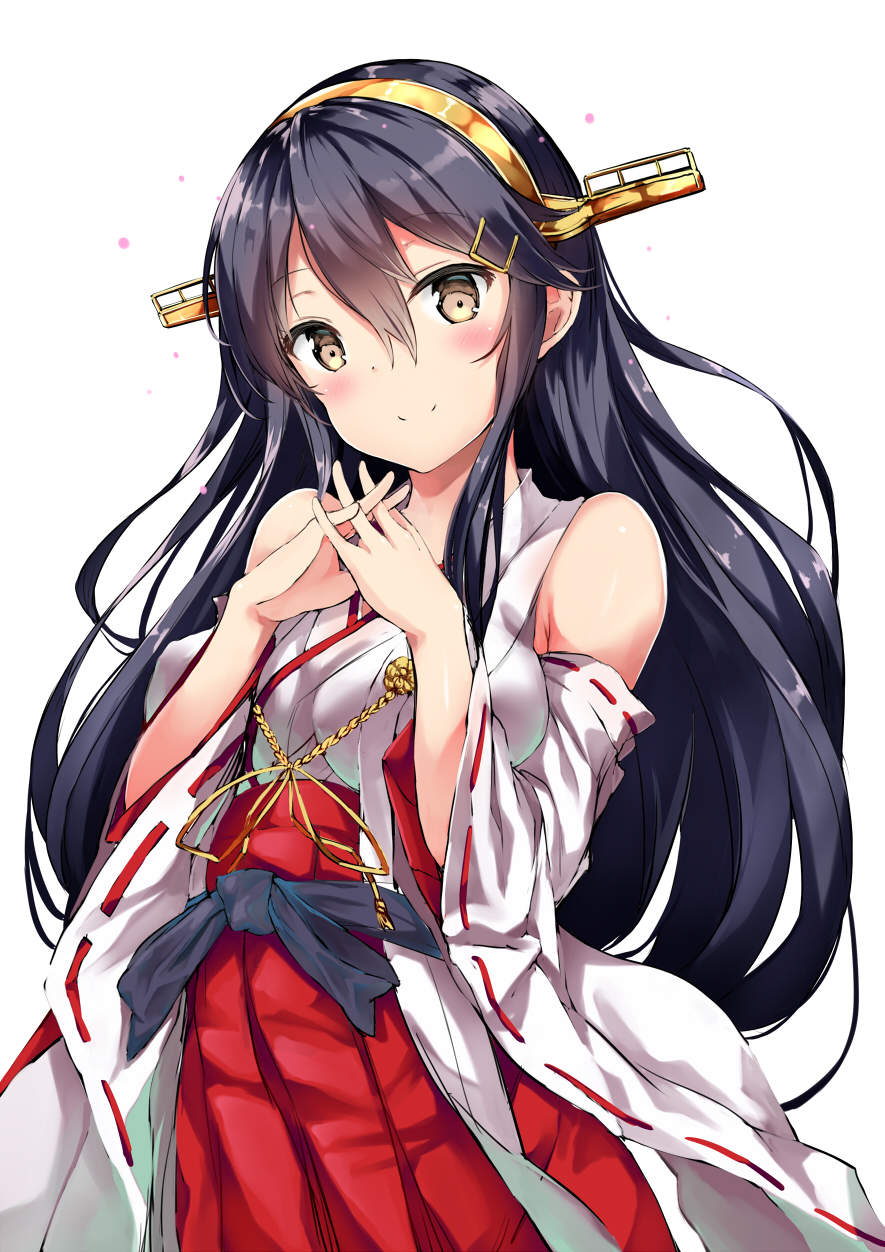 1girl armpit_crease bangs bare_shoulders black_hair black_ribbon blush breasts brown_eyes closed_mouth commentary_request covered_nipples detached_sleeves hair_between_eyes hair_ornament hairband hairclip hands_together hands_up haruna_(kantai_collection) highres interlocked_fingers japanese_clothes kantai_collection long_hair looking_at_viewer medium_breasts nontraditional_miko ribbon ribbon-trimmed_sleeves ribbon_trim sidelocks simple_background smile solo very_long_hair white_background yukishiro_arute