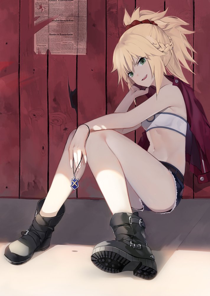 1girl :d black_footwear black_shorts blonde_hair boots bra braid breasts crown_braid denim denim_shorts fate/apocrypha fate_(series) full_body green_eyes hair_ornament hair_scrunchie high_ponytail holding holding_jacket jacket jacket_removed long_hair looking_at_viewer mordred_(fate) mordred_(fate)_(all) navel open_mouth outdoors red_jacket red_scrunchie scrunchie short_shorts shorts sitting small_breasts smile solo strapless strapless_bra torn_clothes torn_shorts underwear white_bra yumaomi