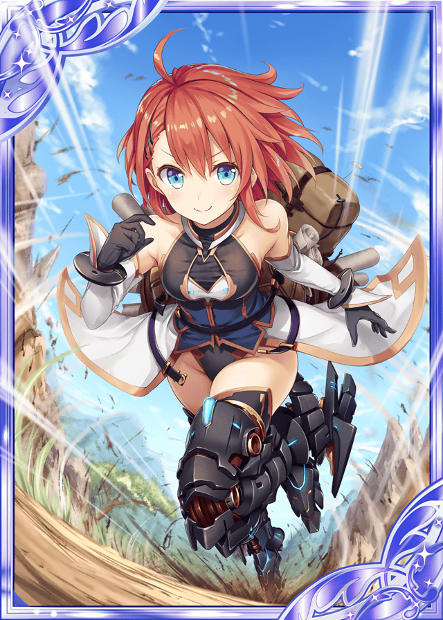 &gt;:) 1girl akkijin bare_shoulders black_gloves blue_eyes blue_sky bodysuit breasts card_(medium) clouds cloudy_sky forest gloves glowing mecha_musume mechanical_legs medium_breasts nature official_art package redhead running scroll shinkai_no_valkyrie short_hair sky