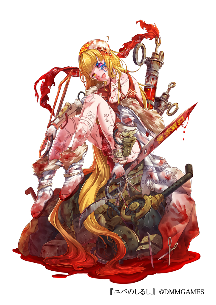 1girl :d blonde_hair blood bloody_face bloody_handprints bloody_weapon bracer breasts dmm dual_wielding full_body heterochromia holding holding_weapon long_hair mataichi_mataro medium_breasts official_art on_rock open_mouth saw scalpel scissor_blade scissors simple_background sitting smile syringe tattoo very_long_hair violet_eyes weapon white_background white_footwear yellow_eyes yuba_no_shirushi