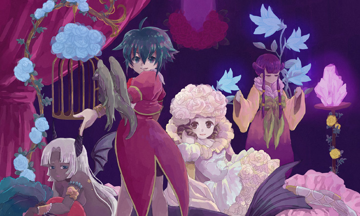 4girls asellus_(saga_frontier) bad_id bad_pixiv_id bird bracelet breasts brown_hair curly_hair dark_skin dress elbow_gloves flower gloves green_hair hair_flower hair_ornament horns ikko117 japanese_clothes jewelry long_hair medium_breasts mermaid mesarthim monster_girl multiple_girls princess_rei princess_white_rose purple_hair rose saga saga_frontier short_hair sideboob smile topless vampire white_flower white_rose