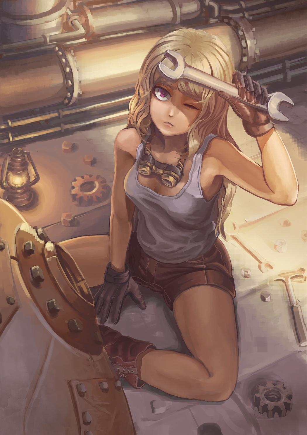 1girl blonde_hair boots gloves goggles goggles_around_neck highres kty_(jarijarikun) lantern long_hair one_eye_closed original pipes short_shorts shorts sitting solo steampunk tank_top violet_eyes wrench