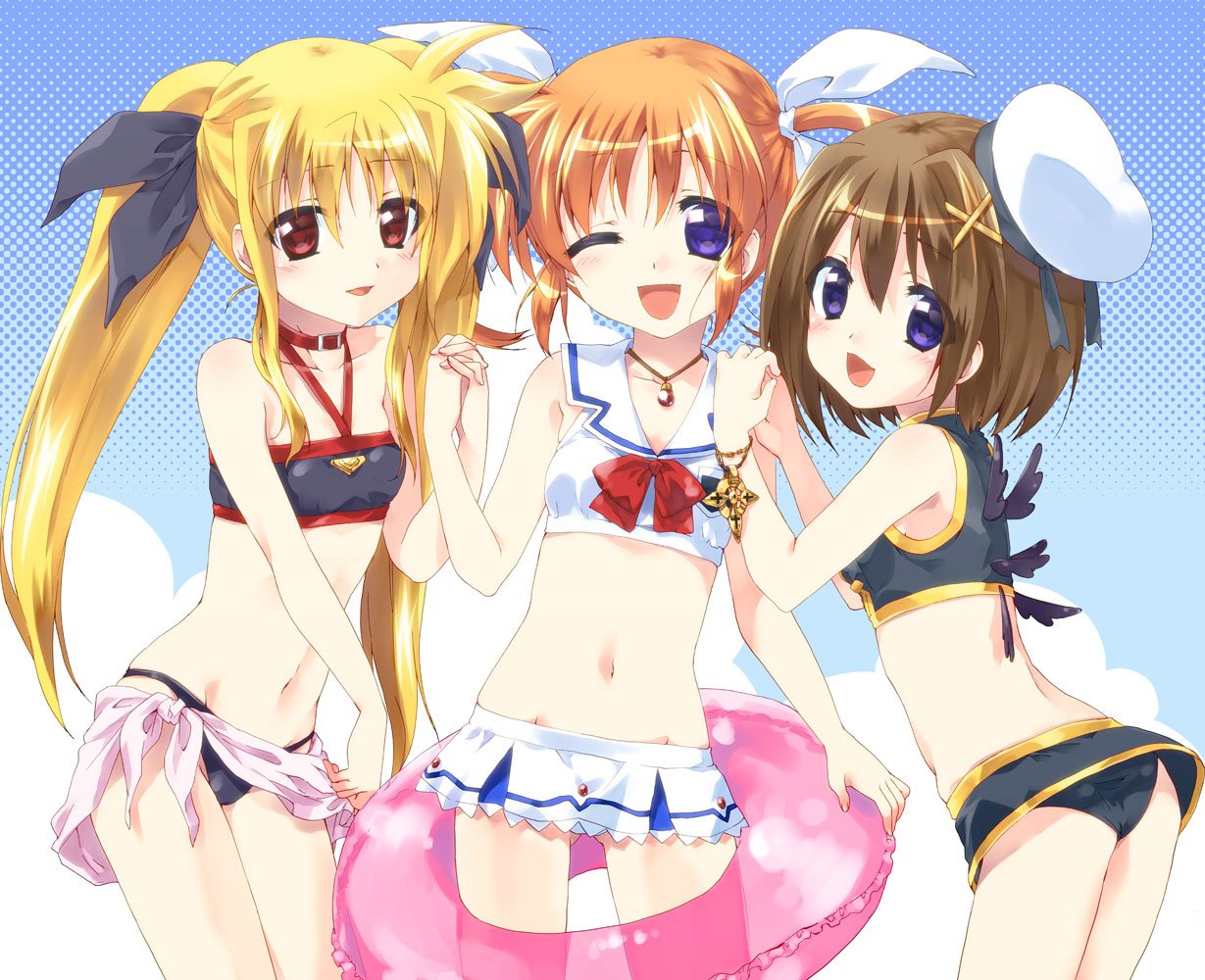 3girls :d ;d adapted_uniform ass backlighting bangs bardiche beret bikini bikini_skirt black_bikini black_ribbon black_skirt black_wings blonde_hair blue_background blue_eyes bow bowtie breasts brown_hair collared_bikini commentary_request cup eyebrows_visible_through_hair fate_testarossa frilled_skirt frills from_behind groin hair_ornament hair_ribbon hand_holding hands_on_another's_shoulder hat holding holding_cup holding_innertube innertube interlocked_fingers jewelry kuroi_mimei light_blush light_smile long_hair looking_at_viewer looking_back lyrical_nanoha magical_girl mahou_shoujo_lyrical_nanoha mahou_shoujo_lyrical_nanoha_a's microskirt multiple_girls navel necklace one_eye_closed open_mouth parted_lips pink_sarong pleated_skirt polka_dot polka_dot_background raising_heart red_eyes red_neckwear ribbon schwertkreuz short_hair short_twintails skirt small_breasts smile standing swimsuit takamachi_nanoha thighs twintails violet_eyes white_bikini white_hat white_ribbon white_skirt wings x_hair_ornament yagami_hayate