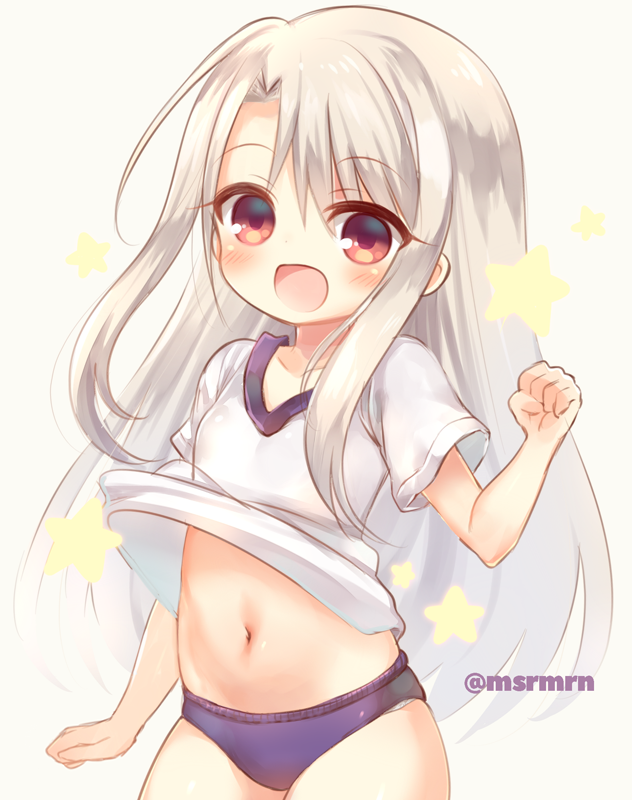 1girl :d bangs blue_buruma blush buruma eyebrows_visible_through_hair fate/stay_night fate_(series) grey_background gym_shirt gym_uniform hair_between_eyes illyasviel_von_einzbern long_hair looking_at_viewer marshmallow_mille navel open_mouth red_eyes shirt shirt_lift short_sleeves silver_hair simple_background smile solo star twitter_username very_long_hair white_shirt