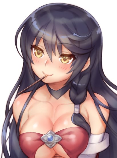 1girl bandage bandaged_arm bandages black_choker black_hair breasts choker folks_(nabokof) food long_hair looking_at_viewer medium_breasts pocky simple_background smile solo tales_of_(series) tales_of_berseria torn_clothes under_boob velvet_crowe very_long_hair yellow_eyes