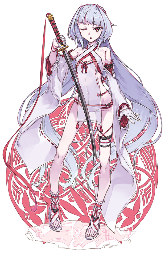 1girl detached_sleeves gloves hair_intakes holding holding_sword holding_weapon japanese_clothes katana long_hair nike_(smaaaash) one_eye_closed original red_eyes see-through silver_hair solo swimsuit sword very_long_hair weapon