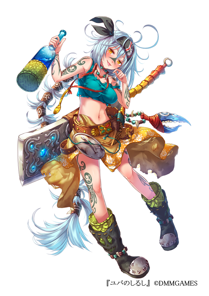 1girl alcohol arm_tattoo bandanna belt black_bandana black_footwear blush boots bottle breasts buckler company_name dmm drunk full_body holding holding_bottle jewelry knife leg_tattoo long_hair looking_at_viewer mataichi_mataro medium_breasts midriff navel necklace official_art ponytail sheath shield simple_background skirt solo standing tattoo tongue tongue_out very_long_hair white_background white_hair yellow_eyes yellow_skirt yuba_no_shirushi