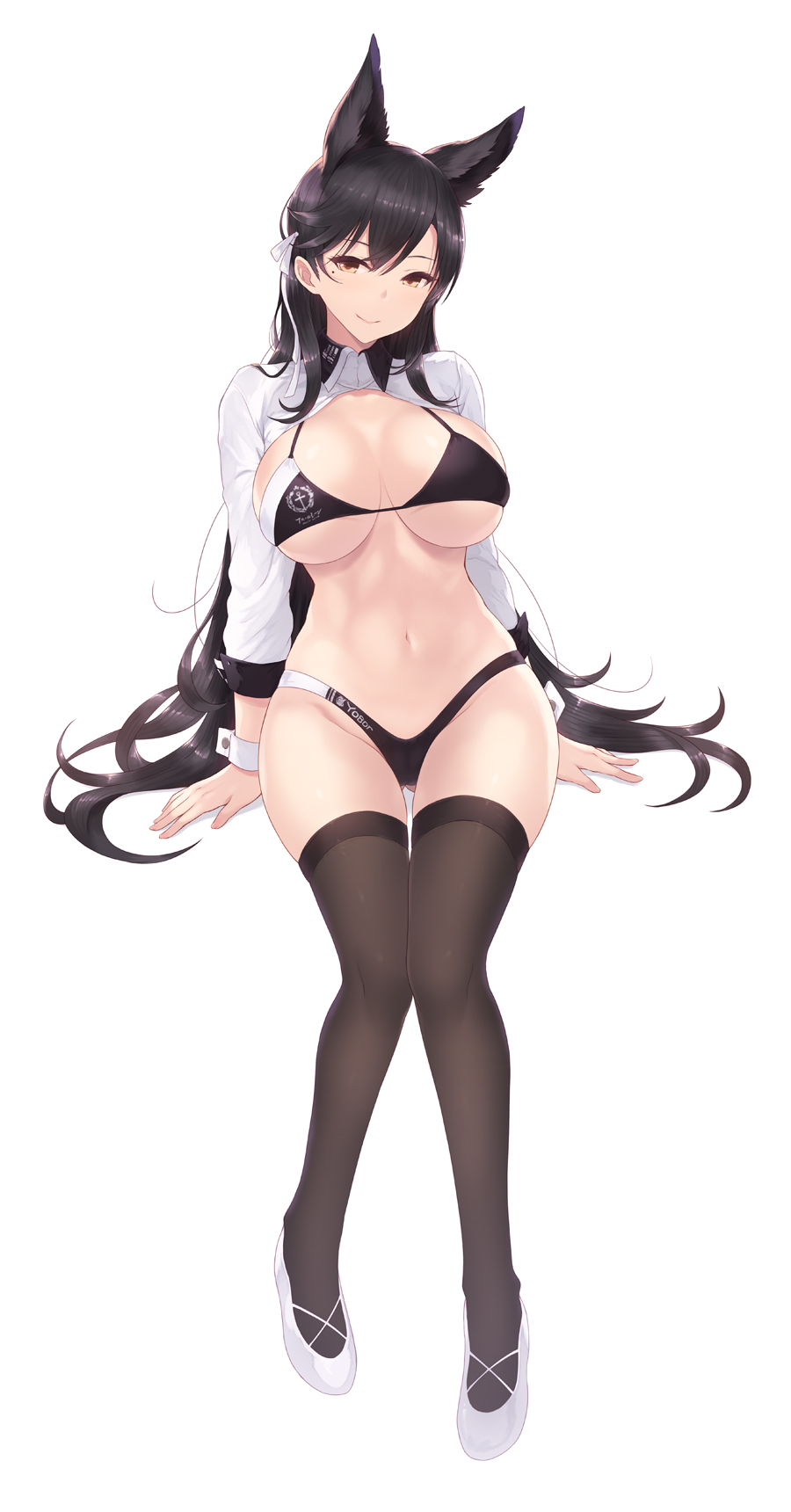 1girl alternate_costume animal_ears arm_support ass atago_(azur_lane) azur_lane bangs bikini black_bikini black_hair black_legwear blush breasts brown_eyes cait closed_mouth clothes_writing commentary_request extra_ears eyebrows_visible_through_hair full_body groin hair_ribbon highres holding jacket large_breasts long_hair looking_at_viewer lying mole mole_under_eye navel no_shoes open_clothes open_jacket pumps ribbon simple_background sitting smile solo stomach swept_bangs swimsuit thigh-highs white_background white_footwear white_ribbon wrist_cuffs