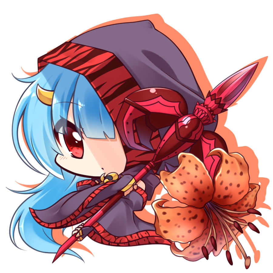 1girl bangs black_cape black_flower blue_hair brown_flower cape chibi closed_mouth commentary_request eyebrows_visible_through_hair fingerless_gloves flower flower_knight_girl full_body gloves hair_between_eyes holding holding_spear holding_weapon hood hood_up hooded_cape horn long_hair looking_at_viewer object_namesake oniyuri_(flower_knight_girl) polearm red_eyes shachoo. shadow solo spear very_long_hair weapon white_background