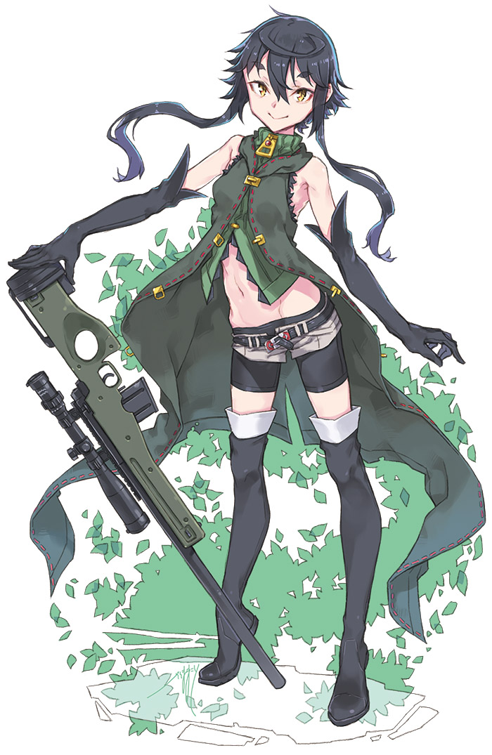 1girl ai_arctic_warfare bike_shorts bike_shorts_under_shorts black_hair bolt_action boots elbow_gloves gloves gun navel nike_(smaaaash) original rifle short_hair_with_long_locks short_shorts shorts sleeveless_coat smile sniper_rifle solo thick_eyebrows thigh-highs thigh_boots turtleneck weapon yellow_eyes