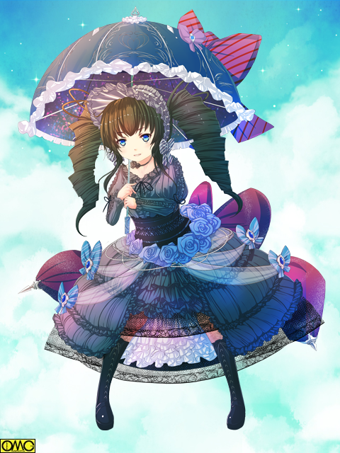 1girl ayachi_pbw black_dress black_footwear blue_bow blue_eyes blue_flower blue_sky bonnet boots bow clouds dress dress_bow dress_flower drill_hair flower frills full_body glorious_drive gothic_lolita holding holding_umbrella lolita_fashion long_hair long_sleeves looking_at_viewer official_art parasol puffy_long_sleeves puffy_sleeves sky standing twin_drills umbrella umbrella_bow