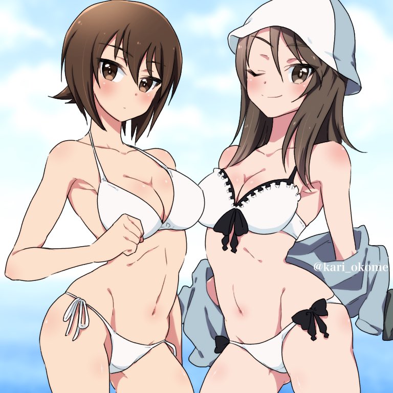 2girls bangs bikini blue_hat blue_jacket blue_sky bow_bikini breasts brown_eyes brown_hair cleavage closed_mouth clouds cloudy_sky collarbone commentary cowboy_shot crotch_seam day eyebrows_visible_through_hair girls_und_panzer groin hat jacket kari_okome keizoku_military_uniform light_blush light_frown long_hair looking_at_viewer medium_breasts mika_(girls_und_panzer) military military_uniform multiple_girls navel nishizumi_maho off_shoulder one_eye_closed outdoors ribs short_hair side-tie_bikini sky smile standing swimsuit thighs track_jacket twitter_username undressing uniform white_bikini