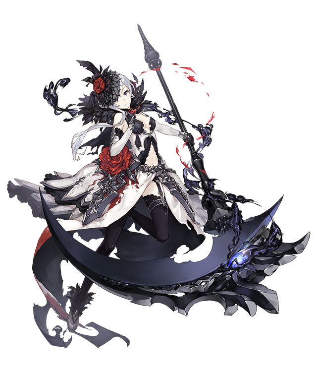 1girl asymmetrical_hair blood bloody_clothes blue_eyes breasts elbow_gloves eyebrows_visible_through_hair feather_trim flower full_body garter_straps gloves holding holding_weapon huge_weapon ji_no looking_at_viewer medium_breasts navel_cutout official_art rose scythe sinoalice snow_white_(sinoalice) solo thigh-highs transparent_background weapon white_hair