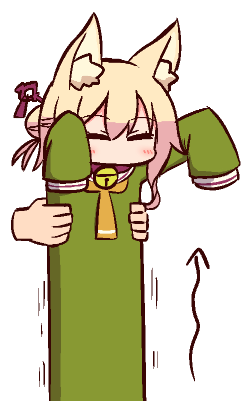 1girl animal_ear_fluff animal_ears bangs bell bell_collar blonde_hair blush brown_collar closed_eyes collar directional_arrow disembodied_limb eyebrows_visible_through_hair facing_viewer fox_ears green_shirt hair_between_eyes hair_bun hair_ornament jingle_bell kemomimi-chan_(naga_u) long_sleeves longcat naga_u orange_neckwear original sailor_collar shirt sidelocks simple_background sleeves_past_fingers sleeves_past_wrists solo_focus upper_body white_background white_sailor_collar