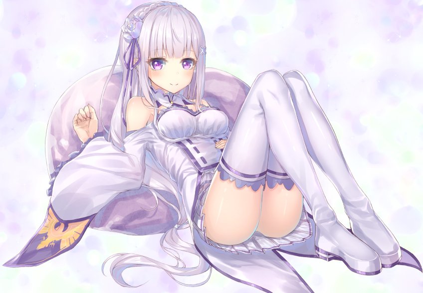 1girl bangs blush boots braid breasts choker crown_braid emilia_(re:zero) flower frilled_sleeves frills hair_flower hair_ornament hair_ribbon hakuishi_aoi long_hair long_sleeves looking_at_viewer lying medium_breasts miniskirt on_back pleated_skirt purple_ribbon re:zero_kara_hajimeru_isekai_seikatsu ribbon shoulder_cutout silver_hair skirt smile solo thigh-highs thigh_boots very_long_hair violet_eyes white_flower white_footwear white_skirt wide_sleeves