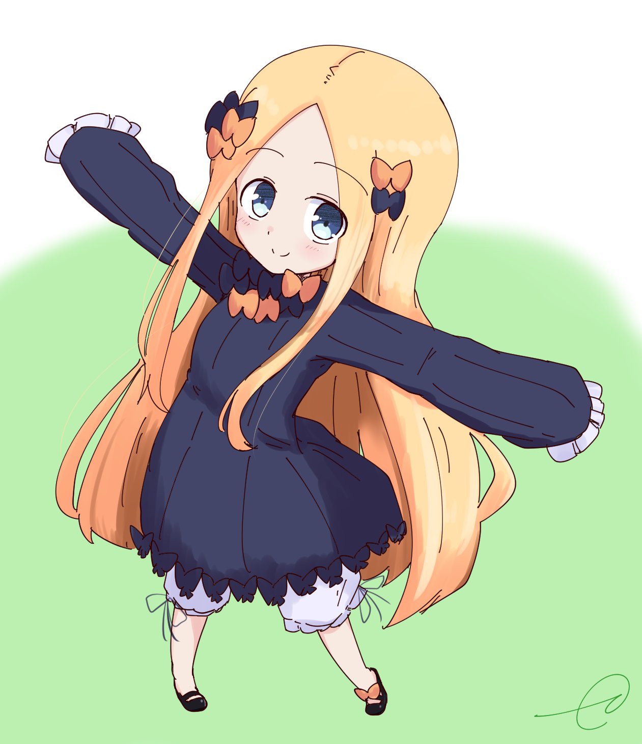 1girl abigail_williams_(fate/grand_order) bangs black_bow black_dress black_footwear blonde_hair bloomers blue_eyes blush bow bug butterfly closed_mouth commentary_request dress eyebrows_visible_through_hair fate/grand_order fate_(series) forehead full_body gradient gradient_background green_background hair_bow highres insect kujou_karasuma long_hair long_sleeves no_hat no_headwear orange_bow outstretched_arms parted_bangs polka_dot polka_dot_bow shoes signature sleeves_past_fingers sleeves_past_wrists smile solo spread_arms standing underwear very_long_hair white_background white_bloomers