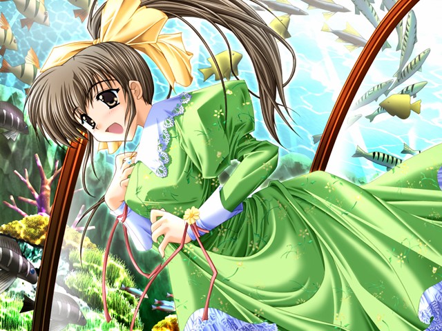 arisue_tsukasa brown_eyes brown_hair dress dress_lift dutch_angle frills game_cg long_hair ponytail ren'ai_chu! slip_skirt