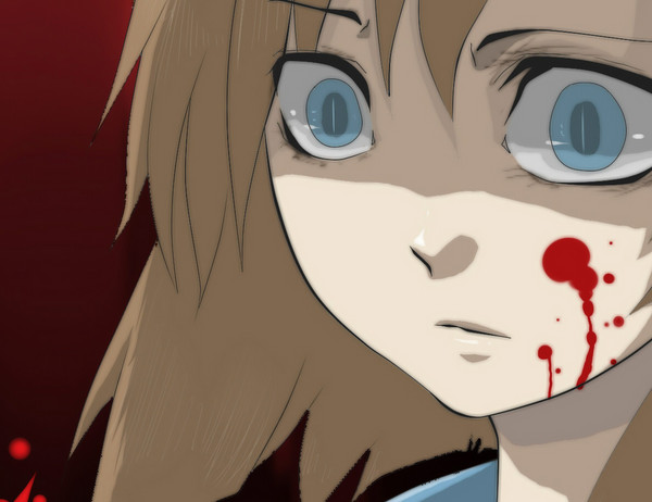 blood_on_face blood_splatter blue_eyes brown_hair close-up crazy_eyes higurashi_no_naku_koro_ni orange_hair ryuuguu_rena solo yandere