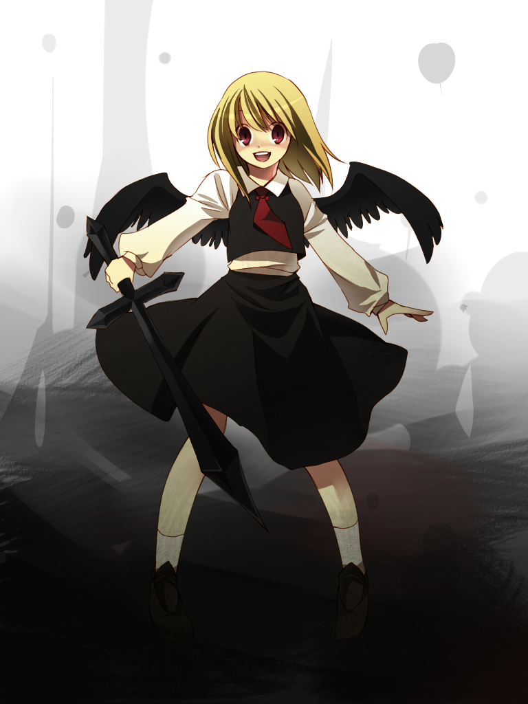 bad_id black_wings blonde_hair darkness ex-rumia ex_rumia hair_down hiz_(pixiv) open_mouth red_eyes rumia short_hair smile sword touhou weapon wings