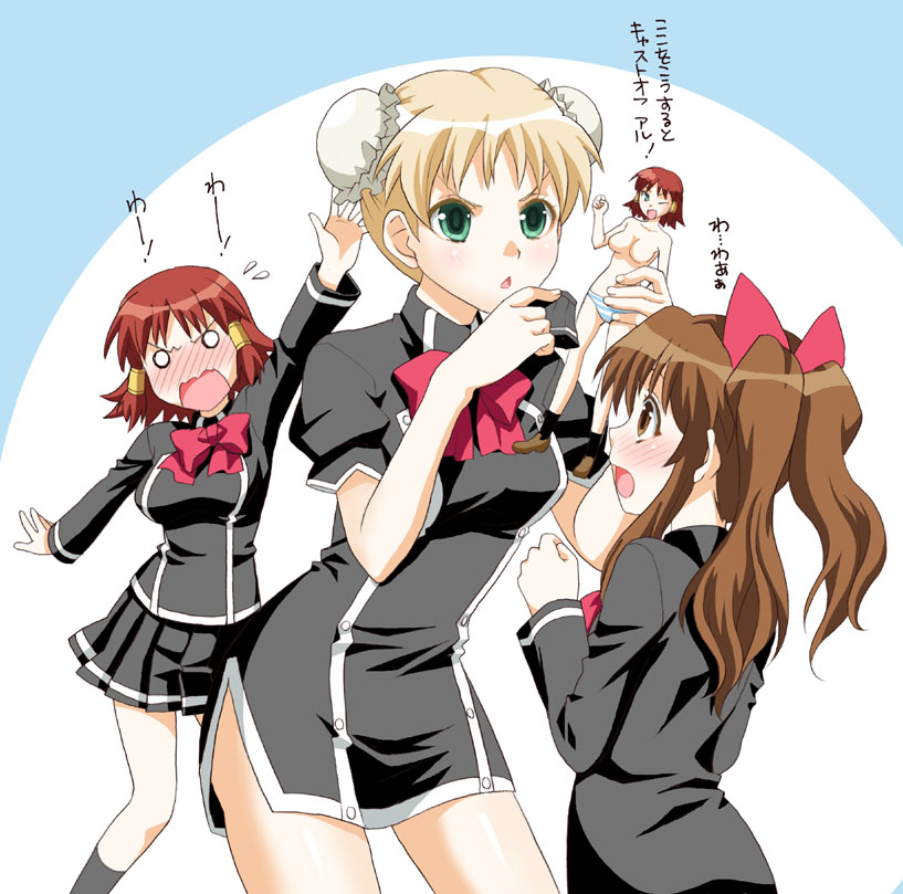 bad_id blonde_hair brown_hair bun_cover cutout double_bun double_buns green_eyes mattaku_mosuke paper_doll quiz_magic_academy red_hair redhead ruquia school_uniform short_hair twintails yang_yang