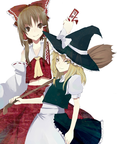 bad_id blonde_hair braid broom brown_eyes brown_hair detached_sleeves fuurin_(omaemona) hakurei_reimu hat japanese_clothes kirisame_marisa long_hair midriff miko multiple_girls ribbon skirt touhou witch witch_hat yellow_eyes