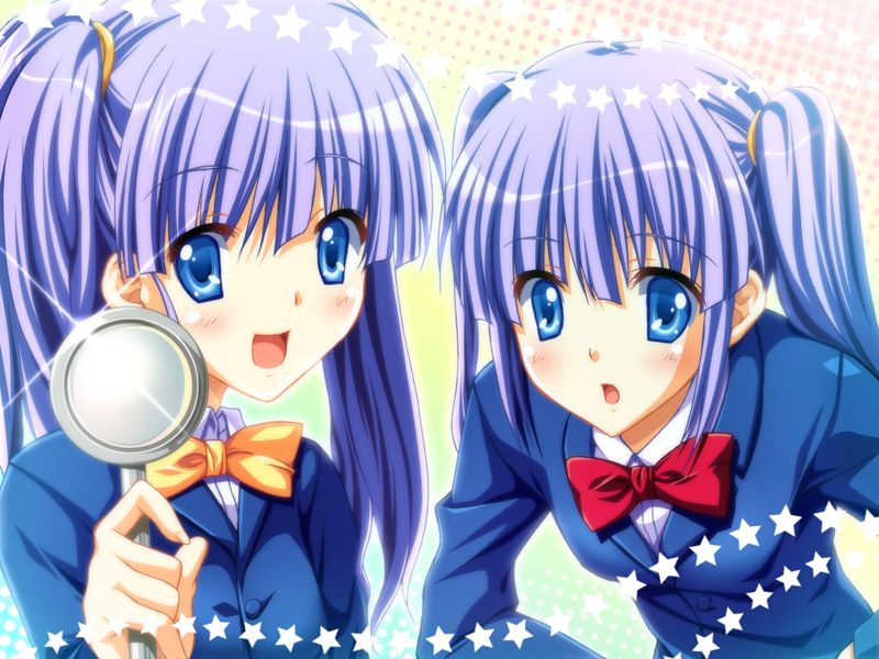 blue_eyes blue_hair game_cg long_hair magnifying_glass mizuhara_yuu multiple_girls school_uniform siblings star twins twintails yasugasa_haruka zettai_shiawase_sengen!