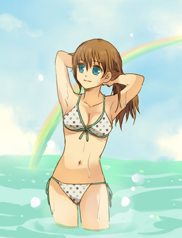 1girl arms_up bikini breasts brown_hair cleavage cute fire_emblem fire_emblem:_akatsuki_no_megami fire_emblem_9 fire_emblem_heroes fire_emblem_path_of_radiance fire_emblem_radiant_dawn green_eyes intelligent_systems loli lowres mist mist_(fire_emblem) nintendo polka_dot polka_dot_bikini polka_dot_swimsuit rainbow solo summer swimsuit wading water