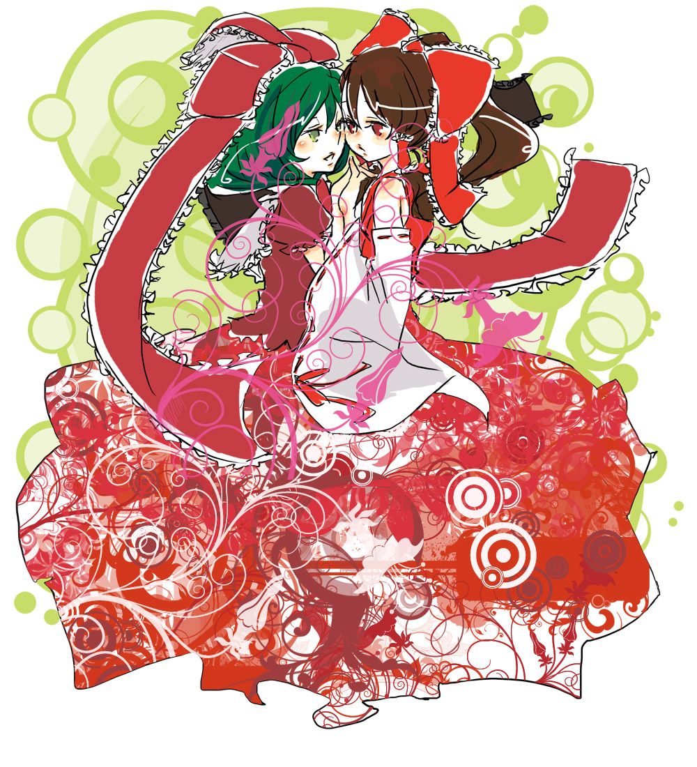 blush brown_hair detached_sleeves frills green_eyes green_hair hair_ribbon hakurei_reimu hand_holding holding_hands japanese_clothes kagiyama_hina kaprice long_skirt miko multiple_girls red_eyes ribbon ribbons skirt smile touhou yuri