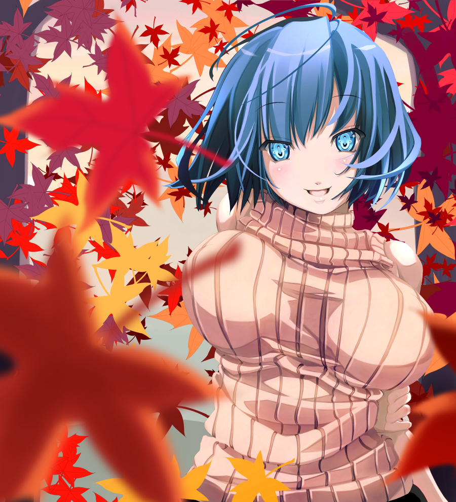 #1 aqua_eyes autumn blue_hair blurry breasts depth_of_field large_breasts leaf leaves psychedelic_g2 ribbed_turtleneck_sweater shiki_(psychedelic_g2) short_hair sleeveless sleeveless_turtleneck smile sweater turtleneck
