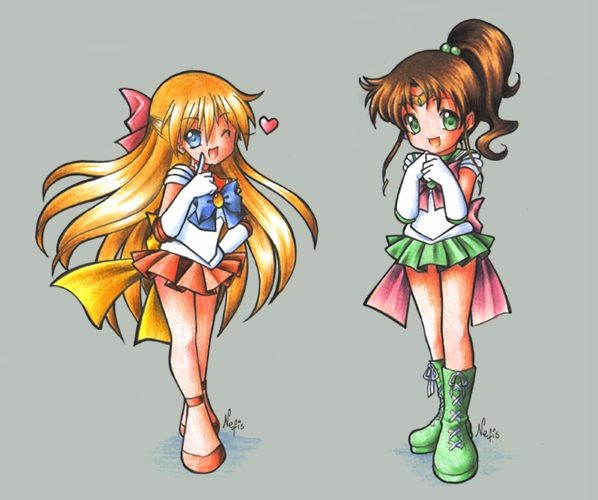 aino_minako bishoujo_senshi_sailor_moon blonde_hair blue_eyes boots bow brown_hair chibi dress elbow_gloves gloves green_dress green_eyes grey_background hair_bobbles hair_bow hair_ornament heart inner_senshi kino_makoto long_hair magical_girl multiple_girls nefis open_mouth orange_dress ponytail sailor_jupiter sailor_senshi sailor_venus simple_background super_sailor_jupiter super_sailor_venus tiara wink