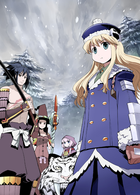 abs armor bangs black_hair blonde_hair blue_eyes braid breasts brown_eyes brown_hair bushidou_(sekaiju) buttons chest cleavage cloak cloud coat curse_maker doctor_magus etrian_odyssey fangs fantasy flat_chest frown fur_trim gloves gunner hat holding hood jack_frost japanese_clothes long_hair looking_at_viewer multiple_girls nature outdoors over_shoulder payot pet_(sekaiju) polearm ponytail sash scar sekaiju_no_meikyuu sheath shirtless short_hair silver_hair skirt sky smile smiley_face snow spear staff standing surcoat sword takahata_yuki tiger tree twin_braids weapon weapon_over_shoulder witch_hat