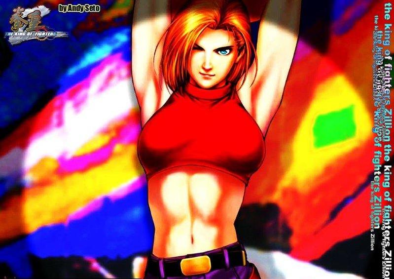 armpits blonde_hair blue_eyes blue_mary breasts fatal_fury hands_behind_head king_of_fighters large_breasts midriff navel short_hair snk wink