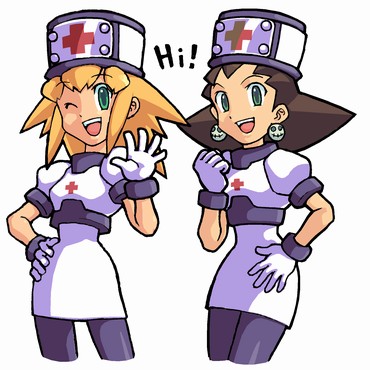 capcom lowres multiple_girls nurse official_art pantyhose rockman rockman_dash roll_caskett tron_bonne